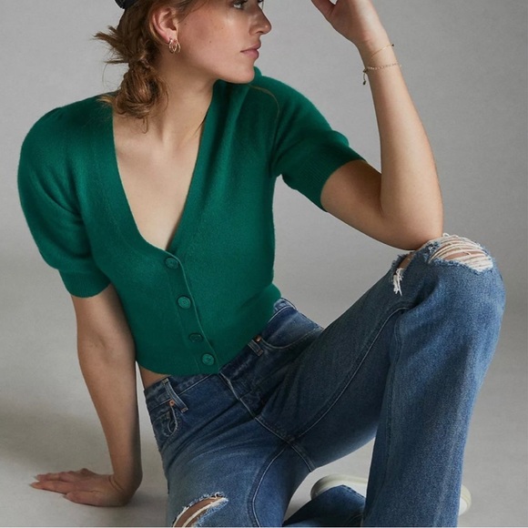 Anthropologie Maeve “Beth” green 100% cashmere button-up cardigan sweater -small - Picture 2 of 8